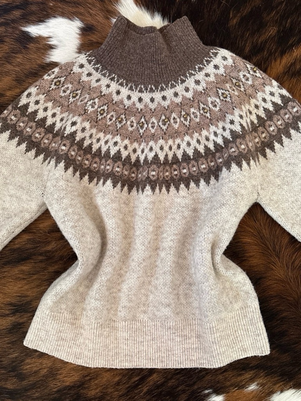 Joie Cream and Brown Fair Isle Turtleneck Sweater